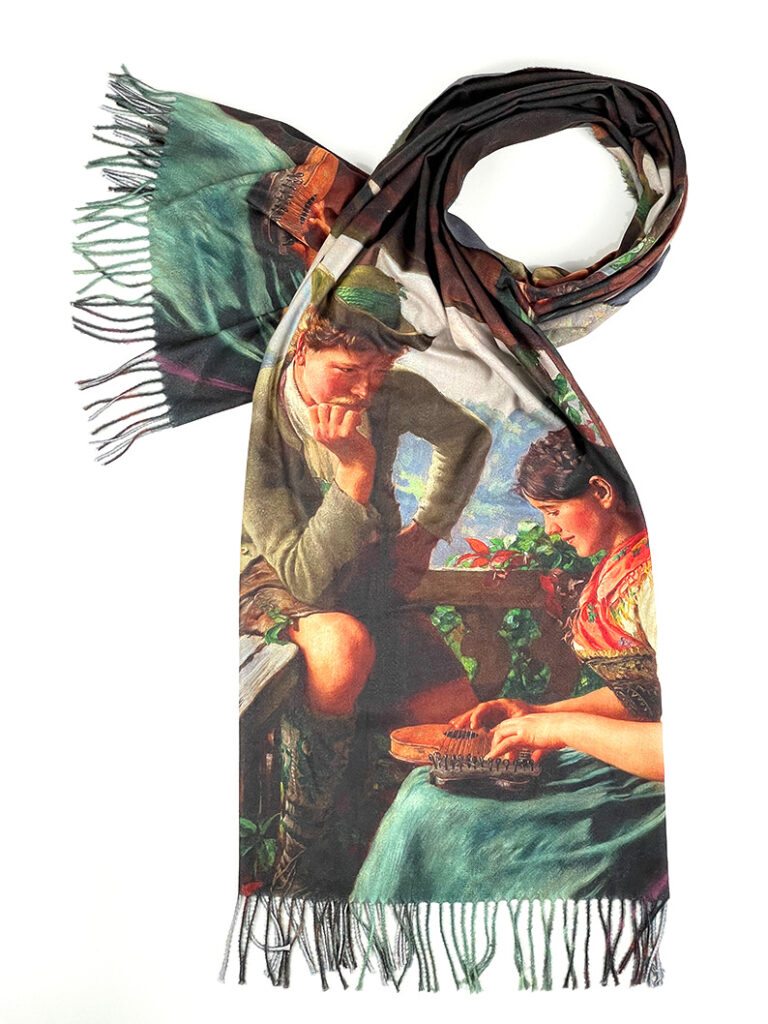 Dieser Schal unserer Trachtenmode zeigt das Bild "Ein Ständchen" von E. Rau  (1888) - Eine Frau singt einem Mann ein Lied